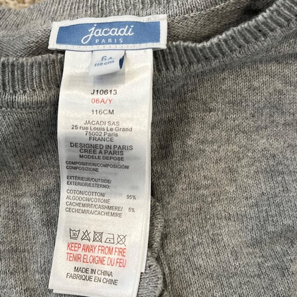 Jacadi Paris Girls 6 Gray Ruffle Button Cardigan Cotton/Cashmere Blend - Picture 4 of 5